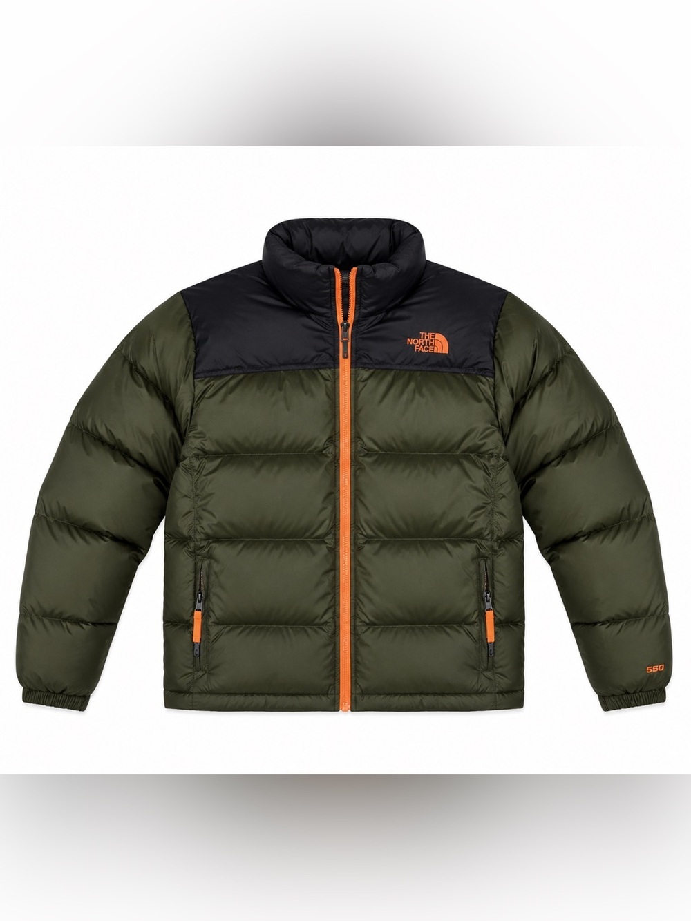 The North Face Olive and Black Puffer Jacket with Orange Accents​
